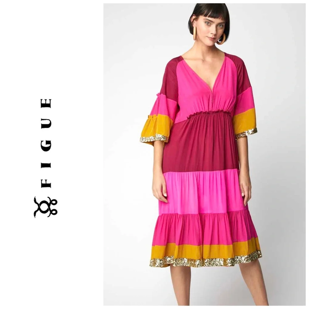 NWT Figue  Silk Crepe Colorblock Gold Sequin  Trim Midi Dress Bohemian Gypsy - Picture 3 of 16